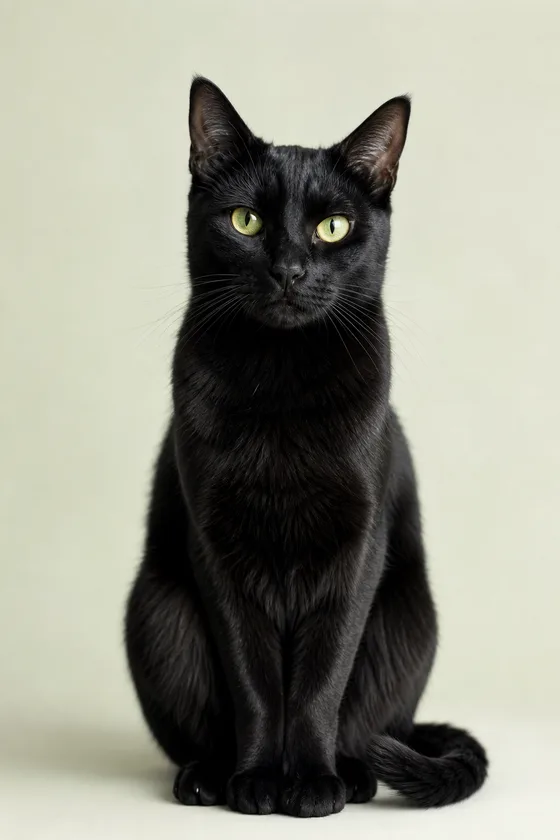 A black cat with green eyes sitting tall